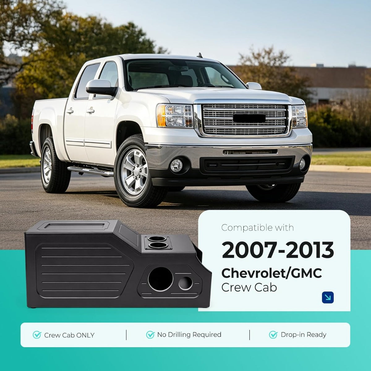 Center Console Subwoofer Box Compatible with 07-13 Chevy/GMC Crew | Crew /Single And Quad Cab MDF+Plastic(ABS) PVC Black Finish Black