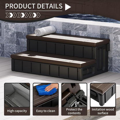 Universal Spa Hot Tub Step with Storage Outdoor Indoor Compartment Spa 2-Step Stool Pool Ladder Plastic Handi Step Slip Resistant Striped Brown+Black LYOP-107-1