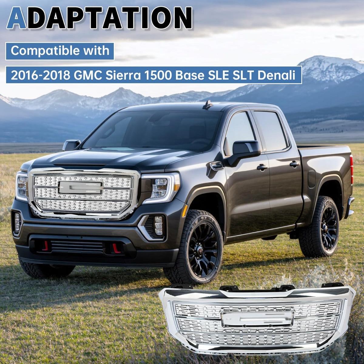 Front Upper Grille Compatible with 2016-2018 GMC Sierra 1500 Base SLE SLT Denali Style Chrome Bumper Hood Grill Silvery