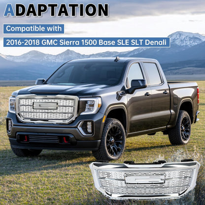 Front Upper Grille Compatible with 2016-2018 GMC Sierra 1500 Base SLE SLT Denali Style Chrome Bumper Hood Grill Silvery