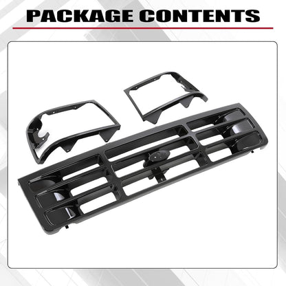Front Grille & Headlight Bezel Compatible with 1992-1997 Ford Bronco F-150 F-250 HD F-350 Replacement for FO1200172 FO2512131 FO2513135 Painted Black