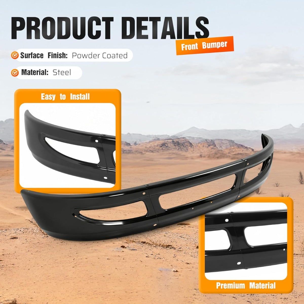 ALMULOO Front Bumper Heavy Duty Steel Compatible with 2002-2015 International 4200 4300 4400 Base 2008-2014 8600 TranStar Base 2013 Durastar Base Replacement for 3664017C3 Powder Coated Black