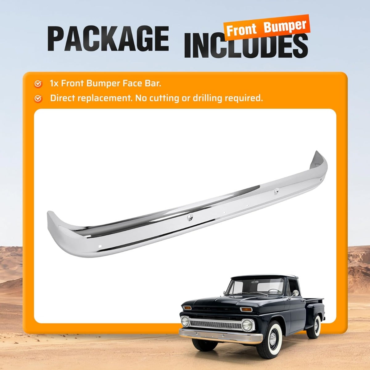 ALMULOO Front Bumper Cover Compatible with 1963-1966 Chevy C10/C20/C30/K10/K20 GMC 1000/1500/2500 Replace for 0848012CA Bumper Face Bar Steel Chrome Silvery