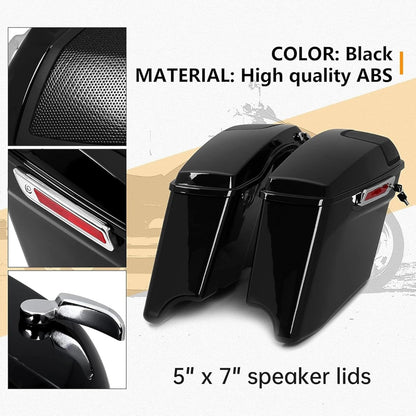 5" Stretched Hard Saddlebags w/ 5" x 7" Speaker Lids Grills Extended Saddle Bags  for  Harley Touring Street Glide Road King Electra Glide CVO Ultra-Classic 2014-2024 w/Audio Cover
