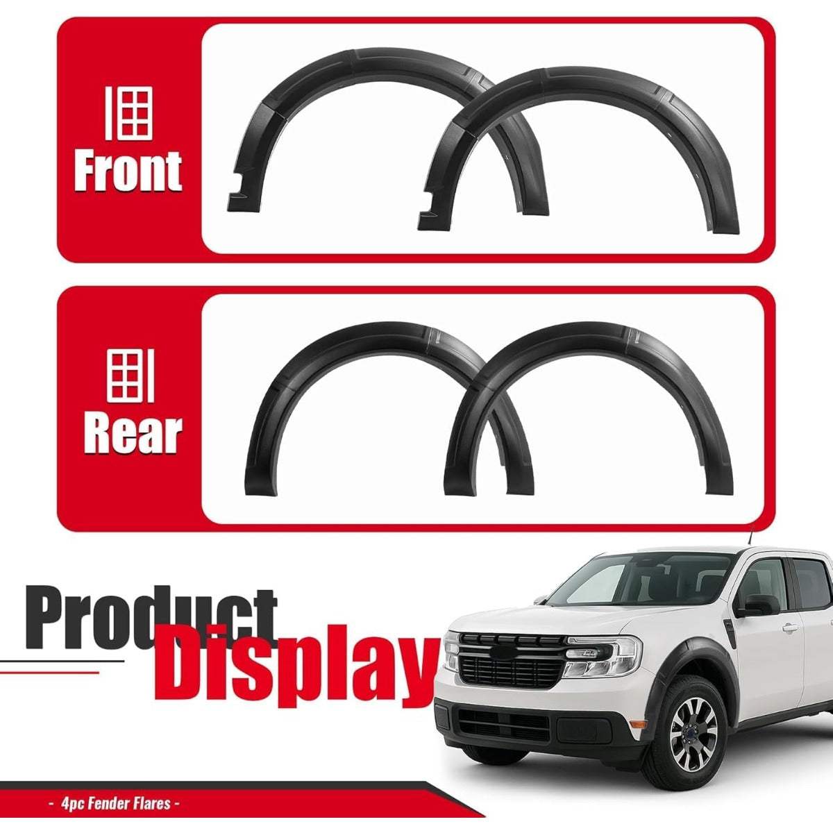 4 Set Fender Flares Compatible with 2022-2025 Ford Maverick Crew Cab, 3Pieces Per Fender Flares Plastic(PP) Textured Black Wheel Eyebrow Fender Trim