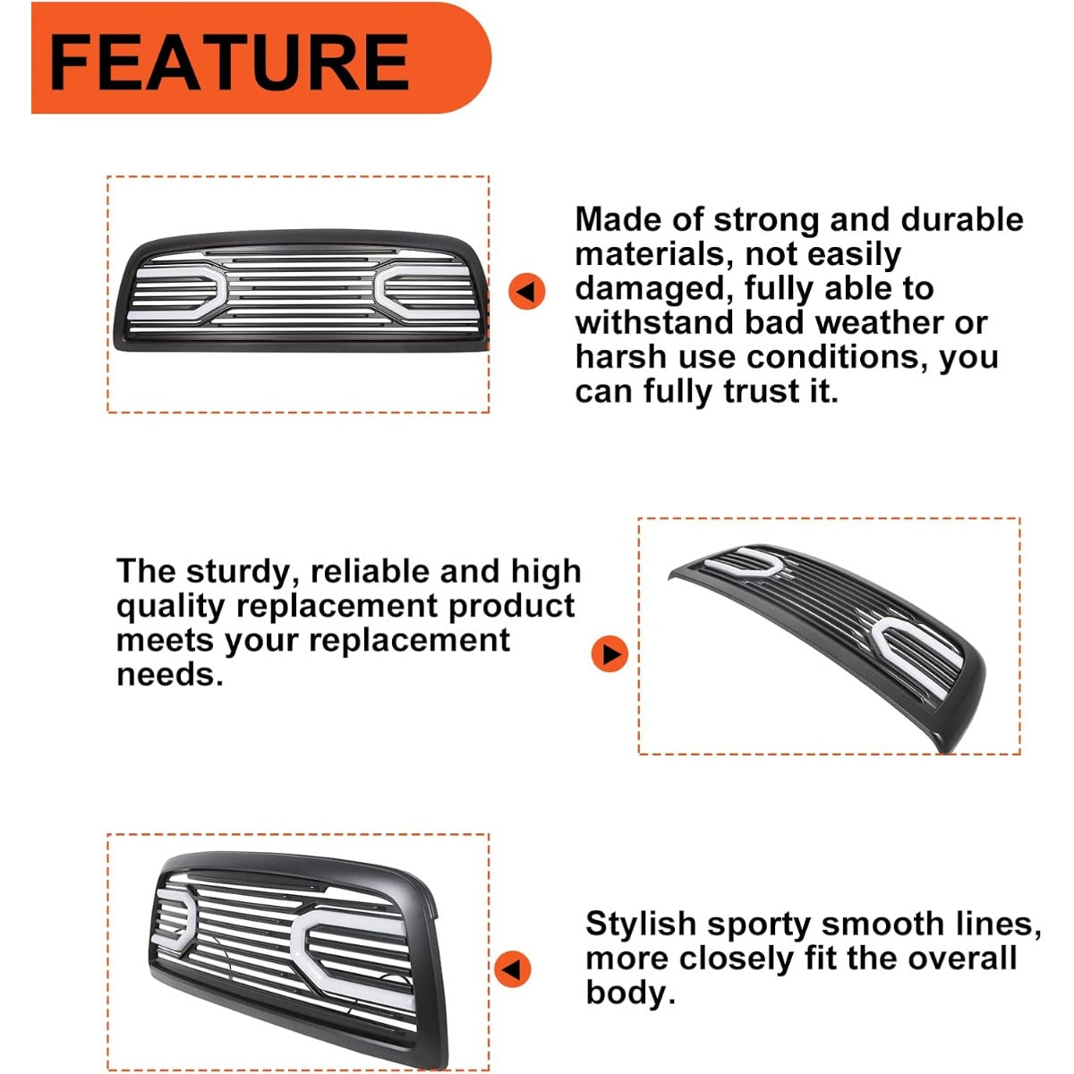 Front Bumper Grill Compatible with 2009-2012 Dodge Ram 1500 Hood Grille Replacement Shell (Black, W/Light)