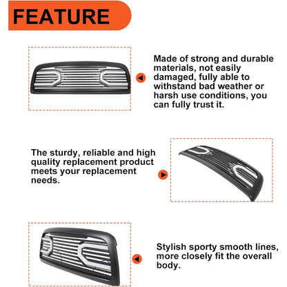 Front Bumper Grill Compatible with 2009-2012 Dodge Ram 1500 Hood Grille Replacement Shell (Black, W/Light)