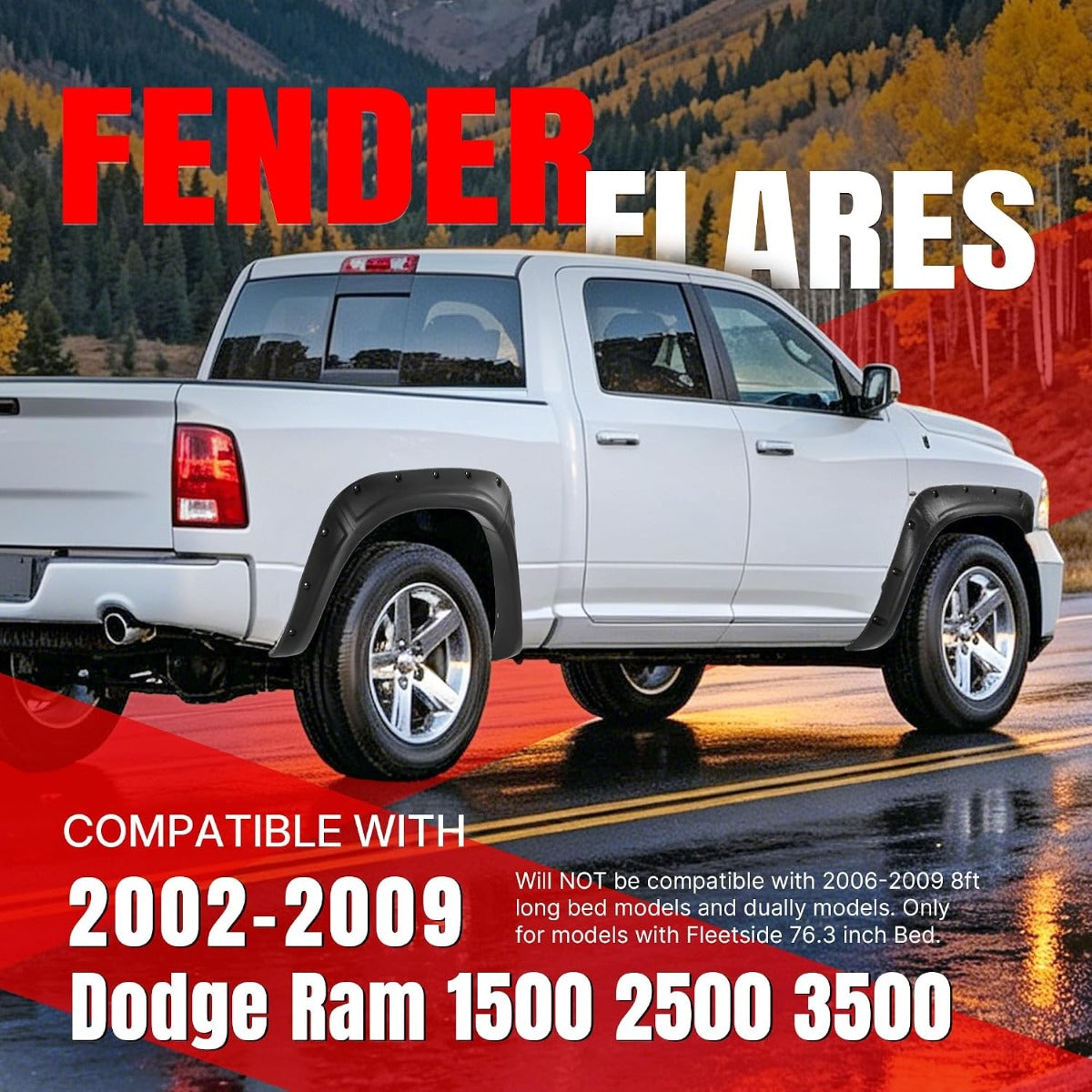 4Pcs Fender Flares Set Compatible with 2002-2009 Dodge Ram 1500 2500 3500 (Not Fit 06-09 8ft Bed Models) with Fleetside 76.3 inch Bed Pocket Riveted Front & Rear Wheel Arch Cover Protector