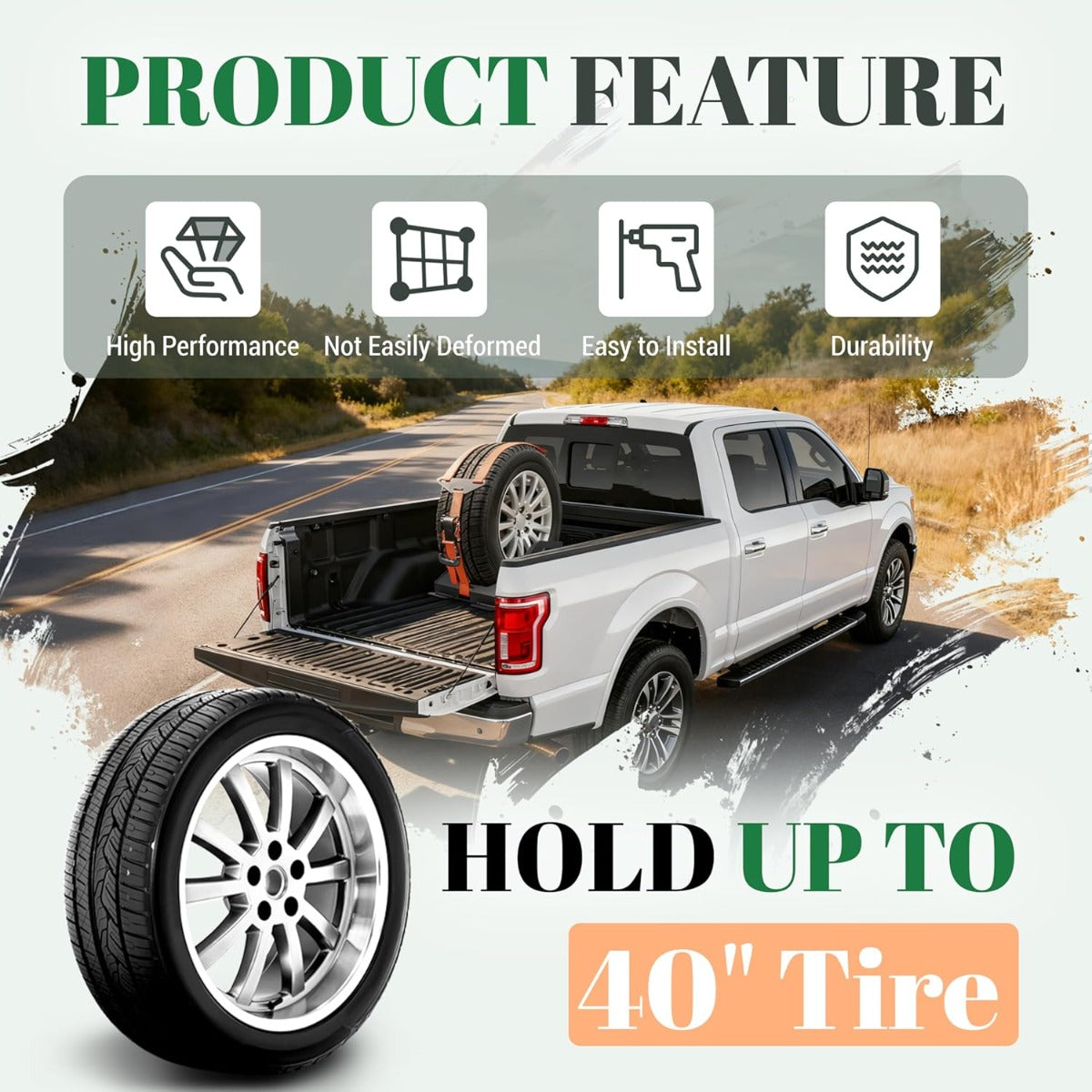 Adjustable Bed Mount Spare Tire Carrier Compatible with 2004-2024 Ford F-150 GMC Sierra 1500 Chevrolet Silverado 1500 Toyota Tacoma Nissan Titan Ram 1500 Pickup Trucks Fits Tires 33" to 40"
