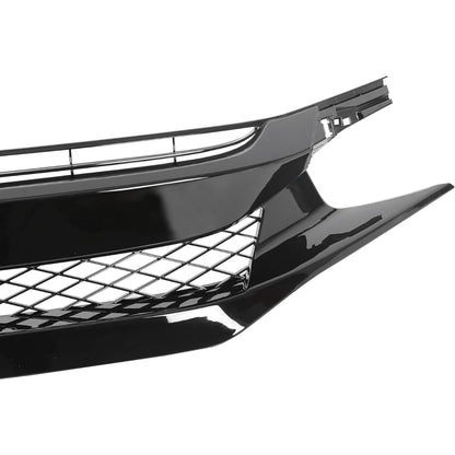 Front Bumper Mesh Grille Compatible with 2019-2021 Honda Civic Type R Style Replacement for 71125-TEY-Y01, 71121-TBA-A51, HO1200241 Glossy Black Hood Mesh Grill w/ 2Pcs Eyebrows ABS Plastic