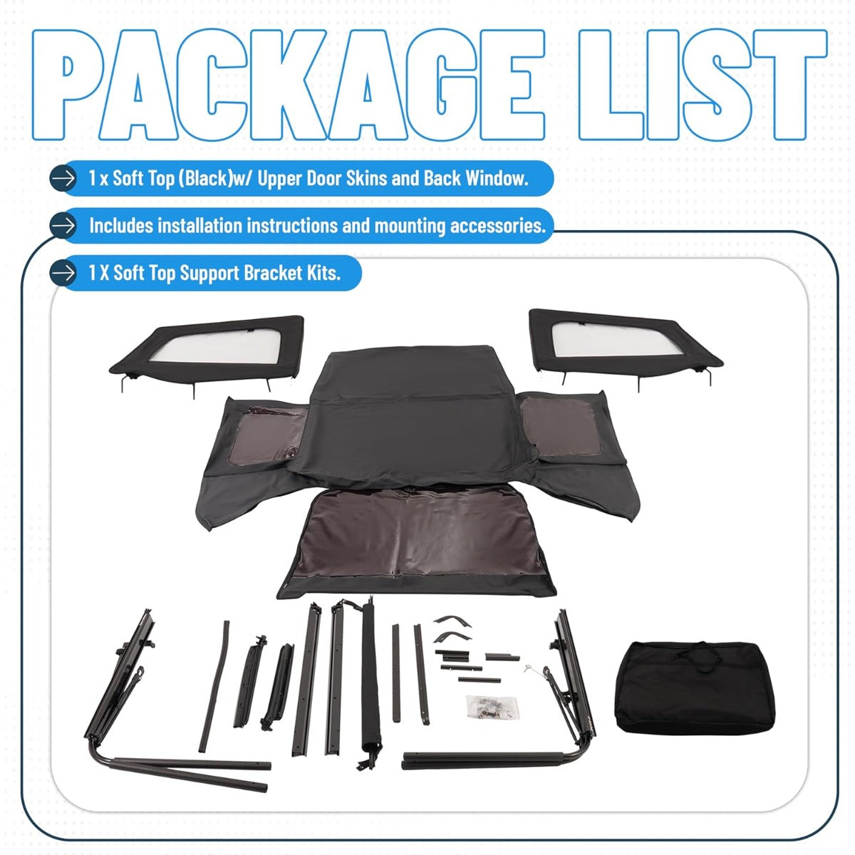 Convertible Soft Top Kit for 1987-1995 Jeep Wrangler YJ Black Soft Roof w/Upper Half Doors and Tinted Plastic Windows & Aluminum + Steel Mounting Frames Complete Replacement