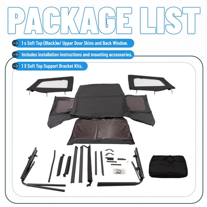 Convertible Soft Top Kit for 1987-1995 Jeep Wrangler YJ Black Soft Roof w/Upper Half Doors and Tinted Plastic Windows & Aluminum + Steel Mounting Frames Complete Replacement