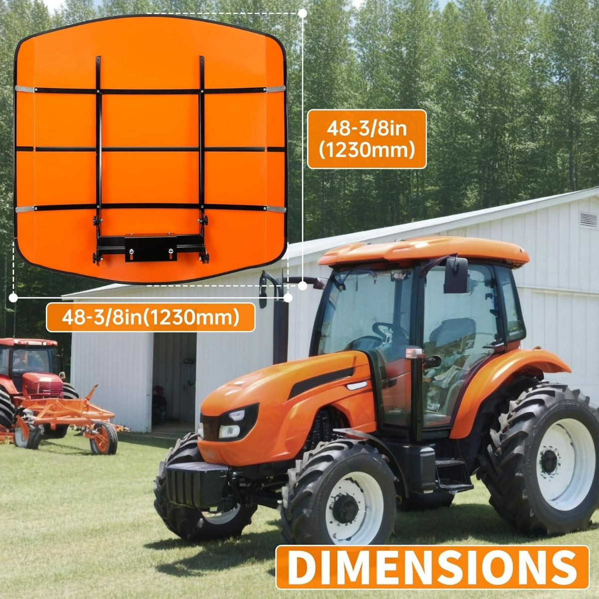 Orange Tractor Canopy Compatible with All ROPS 48-3/8 Inches X 48-3/8 Inches Equipped Tractors and Mowers with a 2 Inches x 2 Inches or 2 Inches x 3 Inches ROPS (Will Add About 4 Inches to The Height of The Tractor) LYJD-031S-2
