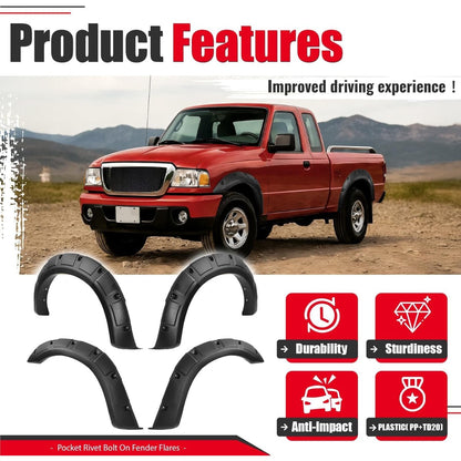 4Pcs Fender Flares Compatible with 1993-2011 Ford Ranger Exclude FX4 Submodels, 3Pieces Per Fender Flares Plastic(PP&TD20) Textured Black