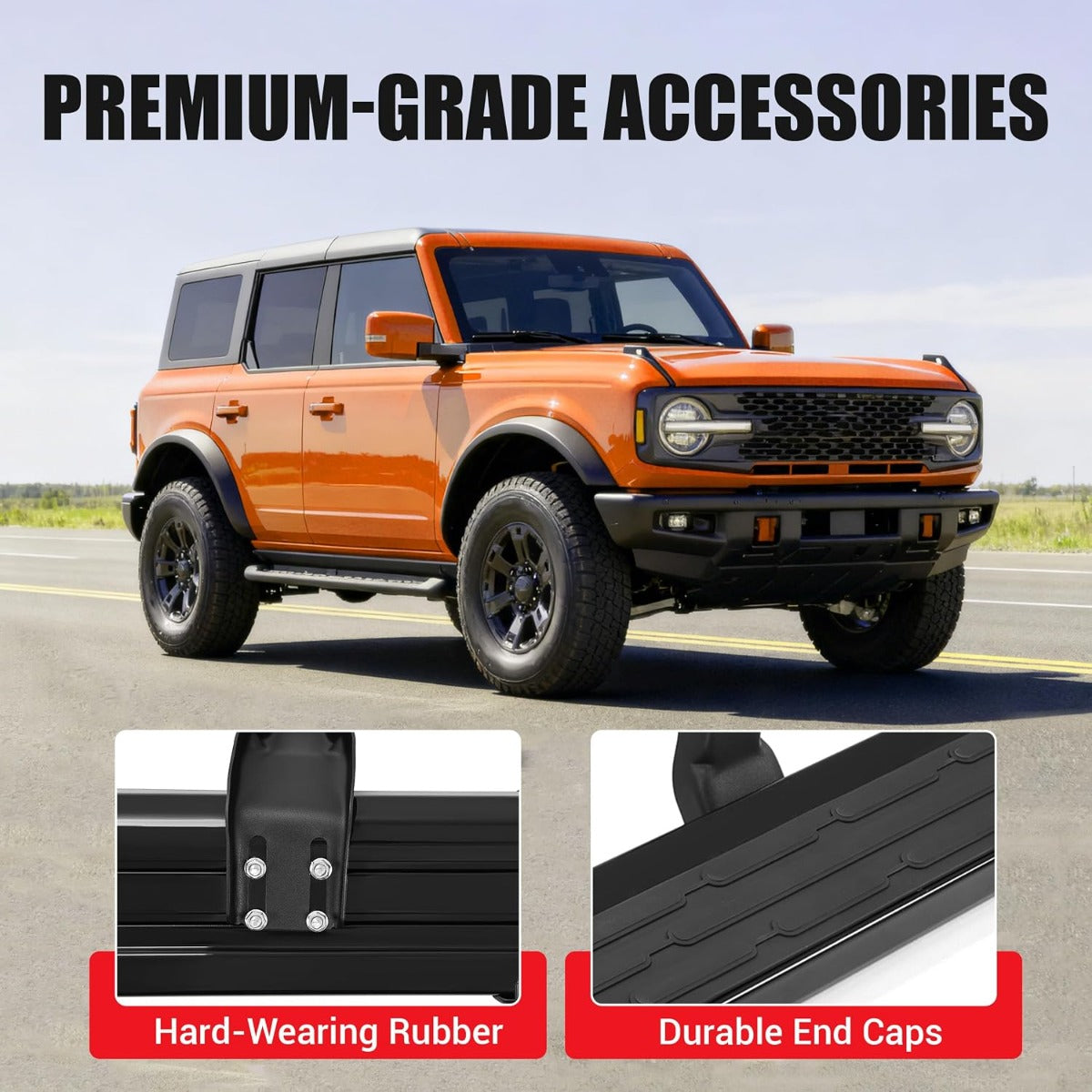 HECASA Running Boards Compatible with 2021-2025 Ford Bronco 4 Door Side Steps Nerf Bars Side Steps Rock Rail Aluminum + ABS Black Platform Style