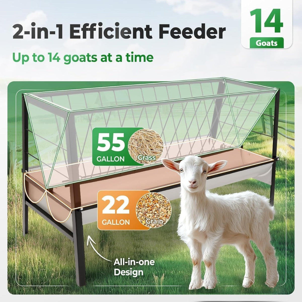 Pasture Hay Feeder 2 in 1 55 Gallon Livestock Feed Trough with 22