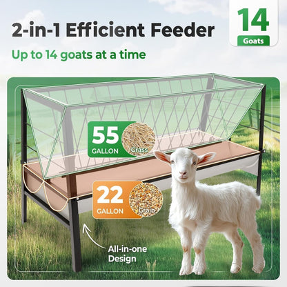 Pasture Hay Feeder 2 in 1 55 Gallon Livestock Feed Trough with 22