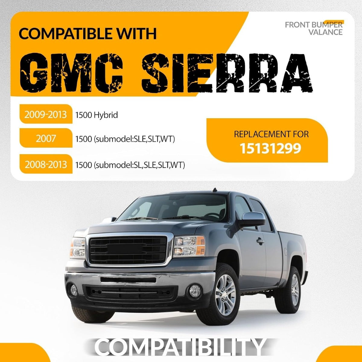 Front Bumper Lower Valance Compatible with 2007-2013 GMC Sierra 1500 Replacement for 15131299 GM1015100 Air Dam Deflector w/Tow Hook Hole, Fog Light Holes & Grille Provision