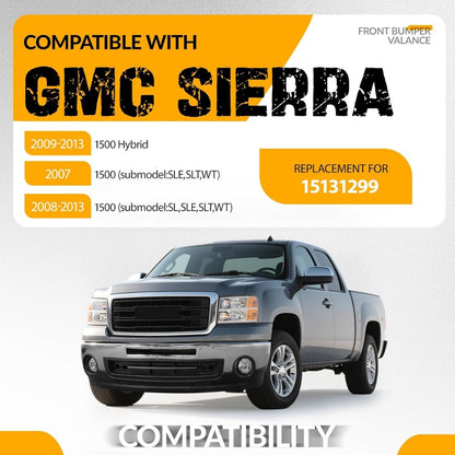 Front Bumper Lower Valance Compatible with 2007-2013 GMC Sierra 1500 Replacement for 15131299 GM1015100 Air Dam Deflector w/Tow Hook Hole, Fog Light Holes & Grille Provision