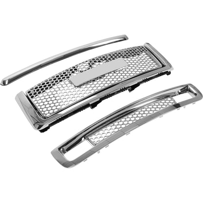 Grille 3PCS Compatible with 2007-2013 GMC Sierra 1500 Denali Round Hole Mesh Front Hood Molding Top & Upper & Lower Grill Front Bumper Center Grill Chrome Silvery