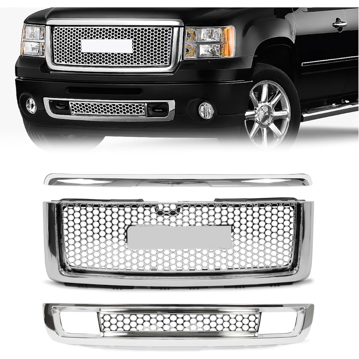 Grille 3PCS Compatible with 2007-2013 GMC Sierra 1500 Denali Round Hole Mesh Front Hood Molding Top & Upper & Lower Grill Front Bumper Center Grill Chrome Silvery