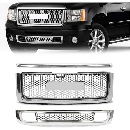 Grille 3PCS Compatible with 2007-2013 GMC Sierra 1500 Denali Round Hole Mesh Front Hood Molding Top & Upper & Lower Grill Front Bumper Center Grill Chrome Silvery