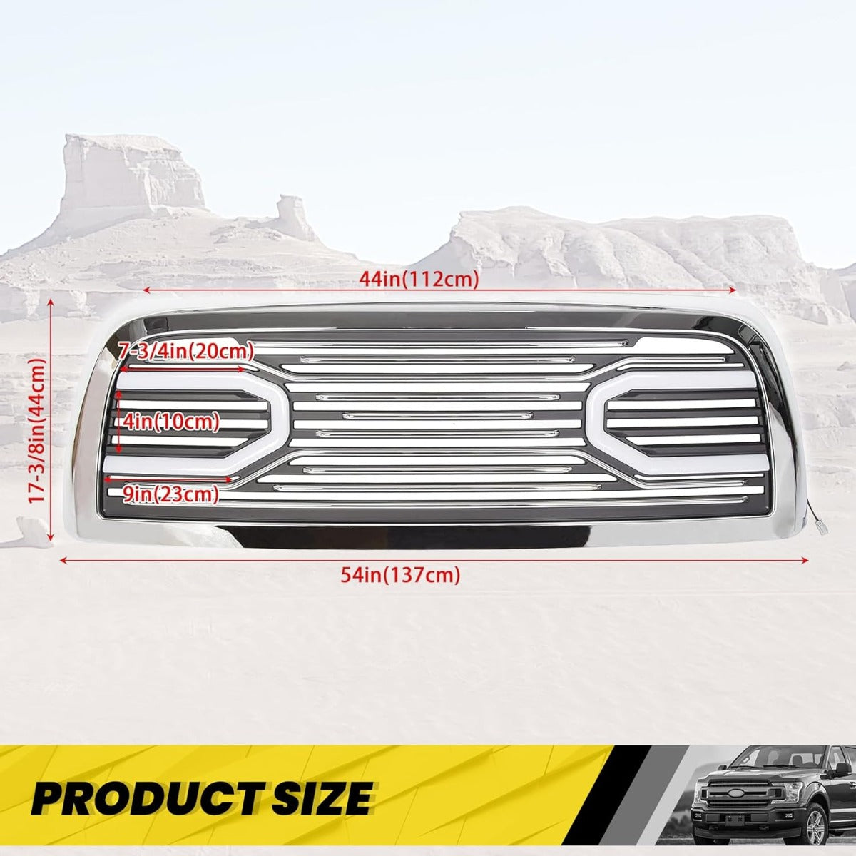 Front Bumper Grill w/LED Tube Compatible with 2010-2018 Ram 2500/3500/4500 Big Horn Hood Grille Replacement Shell Horizontal Style - Chrome