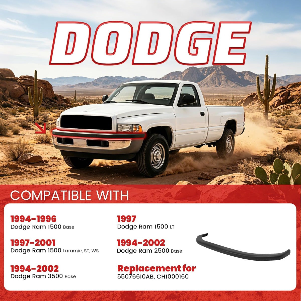 ALMULOO Front Bumper Cover Compatible With 1994-2002 Dodge Ram 1500 2500 3500 Base Replacement for 55076610AB CH1000160 Upper Bumper Panel skin Fascia Face Overlay Plastic PP Textured Black
