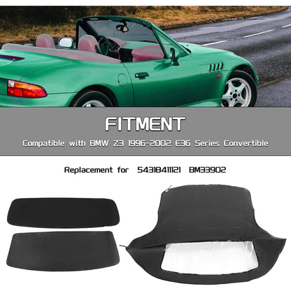 Kojem Convertible Soft Top Roof Cover Compatible with 1996-2002 BMW Z3 & M Roadster Convertibles Black with Plastic Window Replace for 54318411121 BM-33902 BM33902