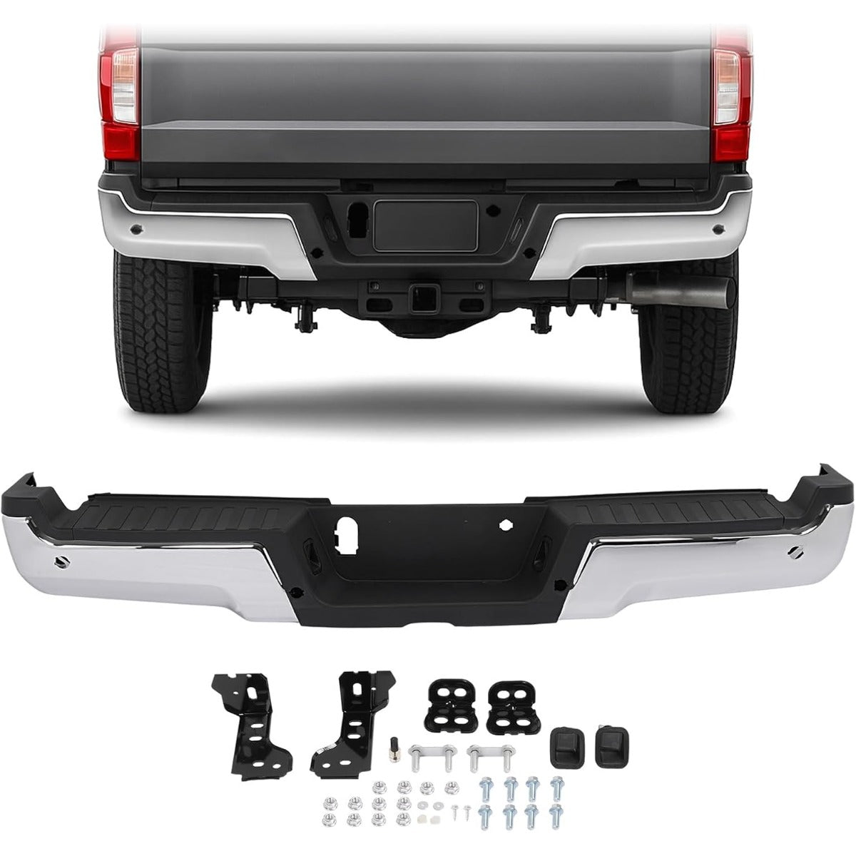 KUAFU Rear Step Bumper Assembly Compatible with 2017-2022 Ford F-250 F-350 Super Duty w/Park Assist Hole Replace for FO1102387 HC3Z17906KA Back Bumper Assembly Plastic+Steel Chrome Silvery+Black