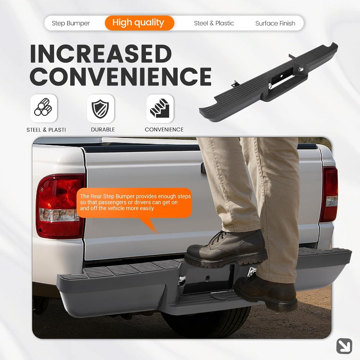 HECASA Rear Step Bumper Compatible with 1993-2011 Ford Ranger Fleetside/Styleside Supercrew FO1102257 W/Brackets & LED Lights w/o Parking Aid Sensor Holes Black