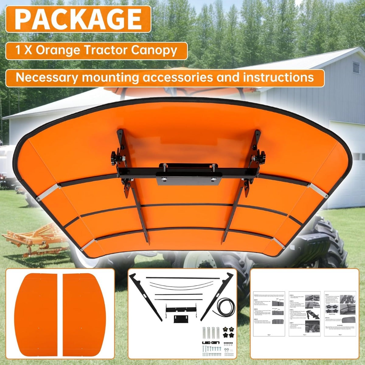 Orange Tractor Canopy Compatible with All ROPS 48-3/8 Inches X 48-3/8 Inches Equipped Tractors and Mowers with a 2 Inches x 2 Inches or 2 Inches x 3 Inches ROPS (Will Add About 4 Inches to The Height of The Tractor) LYJD-031S-2