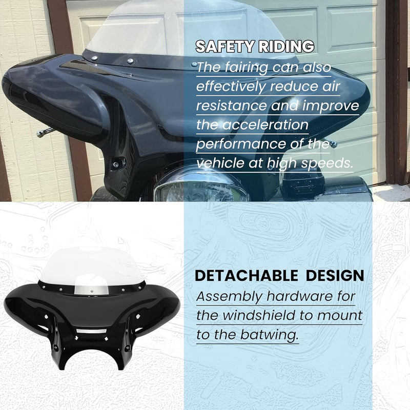 Universal Motorcycle Cruiser Front Outer Fairing Batwing w/Clear Windshield 37inches Wide x 24inches Tall Bat Wing Transparent Black ABS Plastic Durable WSD-07