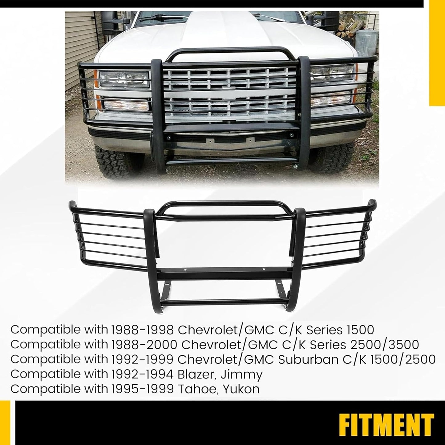 Front Grille Brush Guard Compatible with 1988-1999 Chevy/GMC C/K Series 1500 2500 3500, 1992-1994 Blazer, Jimmy, 1995-1999 Tahoe, Yukon Bull Bar Bumper GrillGuard Protector Brush Push Bar LYAM-125