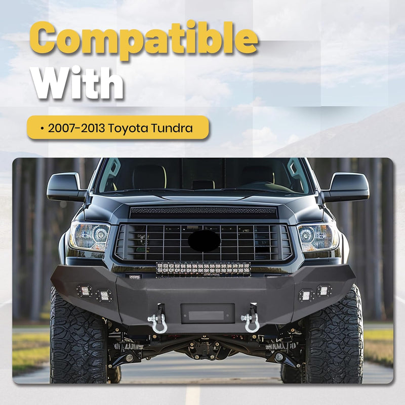 ECOTRIC Front Bumper Compatible with 2007-2013 Toyota Tundra Full Width Off-Road Bumper W/D-rings, LED Lights, Winch Plate Steel Black 2 Packages LYAM-416A+LYAM-416B