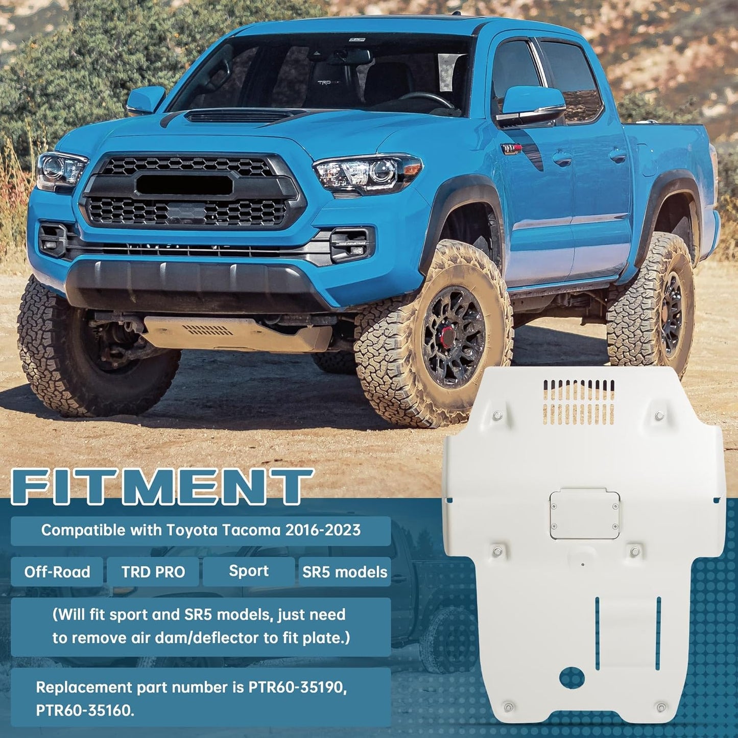 Front Skid Plate Protection Compatible with 2016-2023 Toyota Tacoma Replacement for PTR60-35190, PTR60-35160 Aluminum Powder Coated LYPS-065S