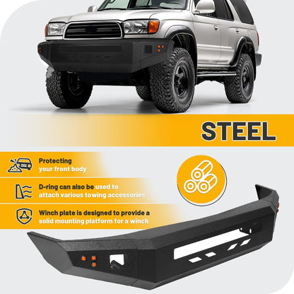 Front Bumper Assembly Compatible with 1996-2002 Toyota 4Runner Third Gen w/Light Holes & Flush Mount Amber LED Turn Signal Lights Steel Powder Coated Black