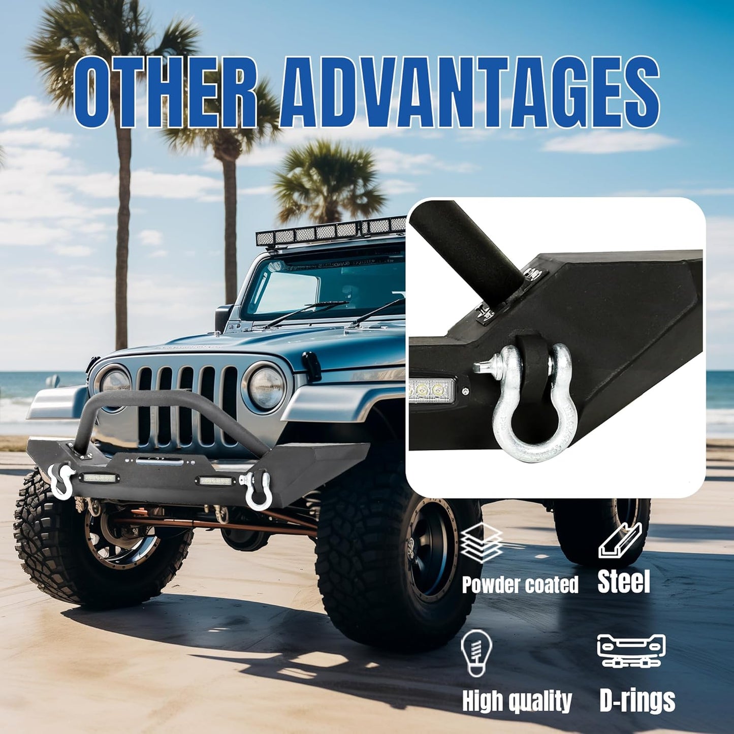 Front Winch Bumper Black Compatible with 1986-2006 Jeep Wrangler TJ YJ With D-rings and 2 LED Lights LYAM-292T