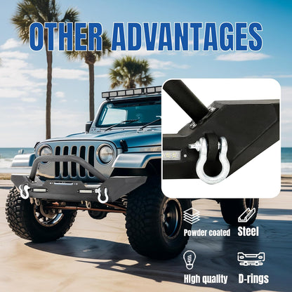 Front Winch Bumper Black Compatible with 1986-2006 Jeep Wrangler TJ YJ With D-rings and 2 LED Lights LYAM-292T