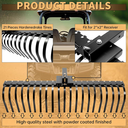 60 Inch Landscape Rake Pine Straw Rake Tractors Rake Fit for 2 Inch Receiver ATV UTV SxS Features 48inches or 60inches Accessory Tool Bar & 3 Point Hitch System Powder Coated Steel LYOM-003
