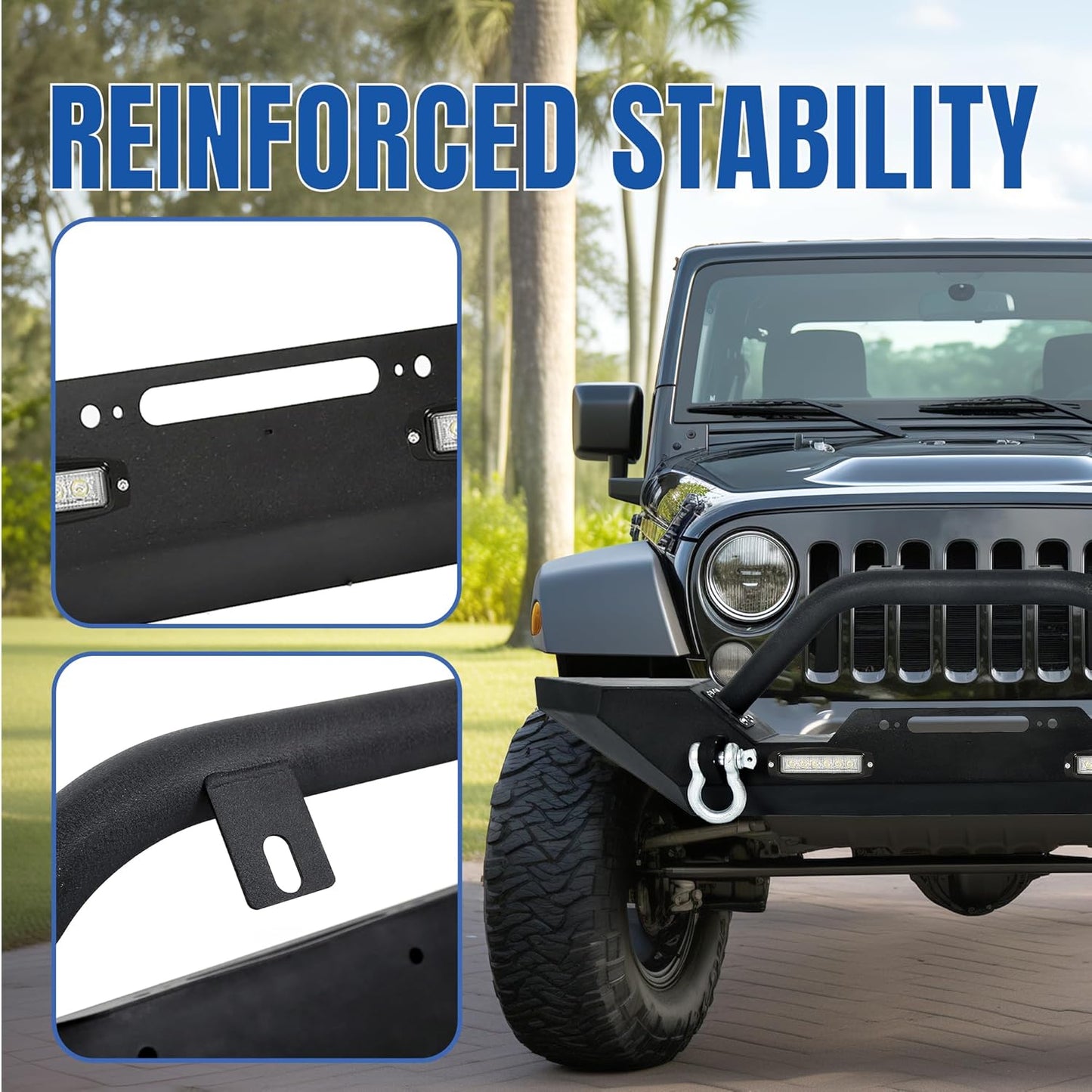 Front Winch Bumper Black Compatible with 1986-2006 Jeep Wrangler TJ YJ With D-rings and 2 LED Lights LYAM-292T