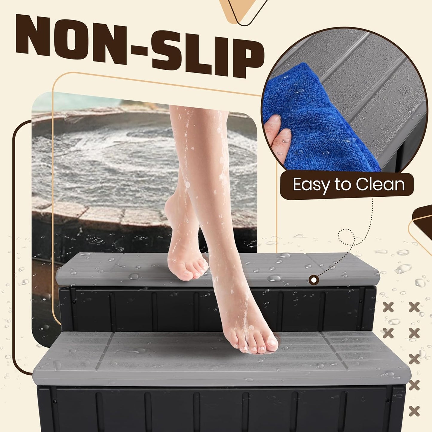 2 Steps 36inches Deluxe Deck Patio Spa Hot Tub Steps (Open Box) Outdoor Stairs Plastic (PE) Dark Gray+Black, 350lbs Load Capacity LYOP-107-3