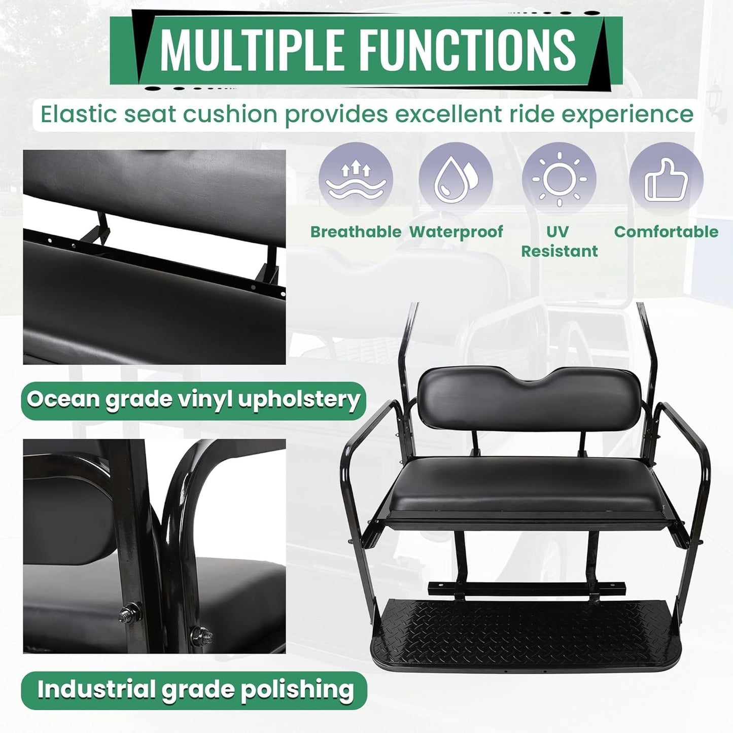 Back Folding Seat Kit Compatible with 2000.5-Up Club Car DS Models Golf Cart Flip Seat with Cushions LYA-078A+LYA-078B