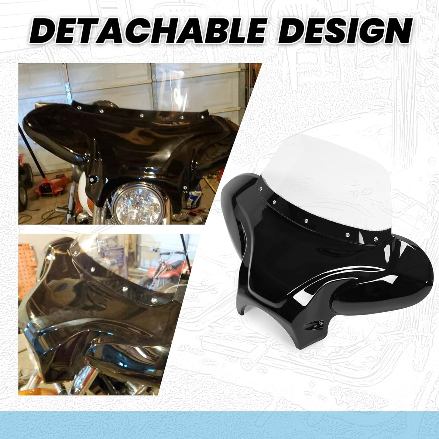 Universal Motorcycle Cruiser Front Outer Fairing Batwing w/Clear Windshield 37inches Wide x 24inches Tall Bat Wing Transparent Black ABS Plastic Durable WSD-07