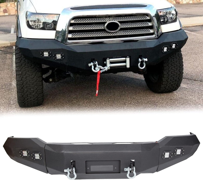 ECOTRIC Front Bumper Compatible with 2007-2013 Toyota Tundra Full Width Off-Road Bumper W/D-rings, LED Lights, Winch Plate Steel Black 2 Packages LYAM-416A+LYAM-416B