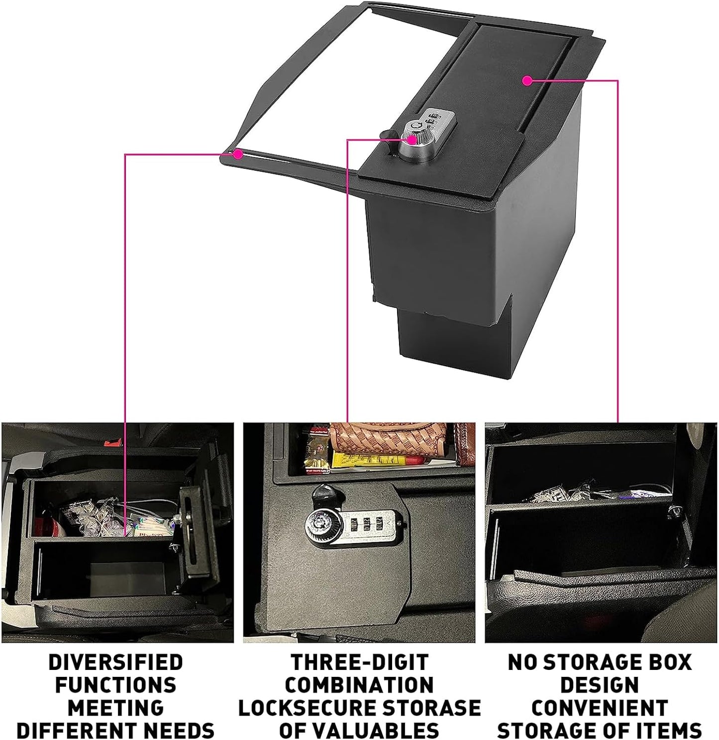 Center Console Safe Storage Box Compatible with 2015-2022 Ford F150 Raptors F250 F350 Super Duty Powder Coated Steel LYAM-123S