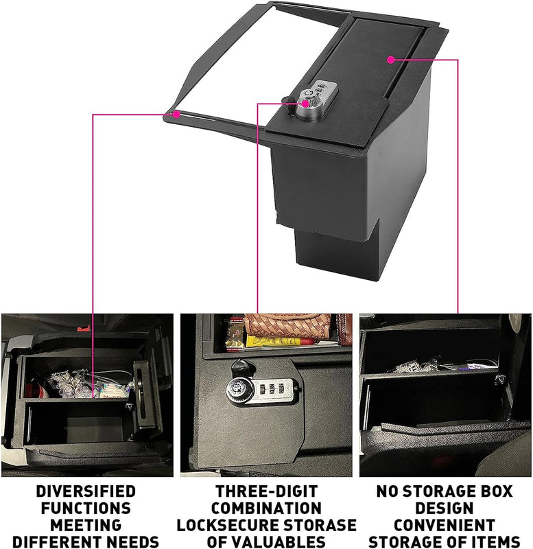 HECASA Center Console Safe Storage Box Compatible with 2015-2022 Ford F150 Raptors F250 F350 Super Duty Powder Coated Steel LYAM-123S
