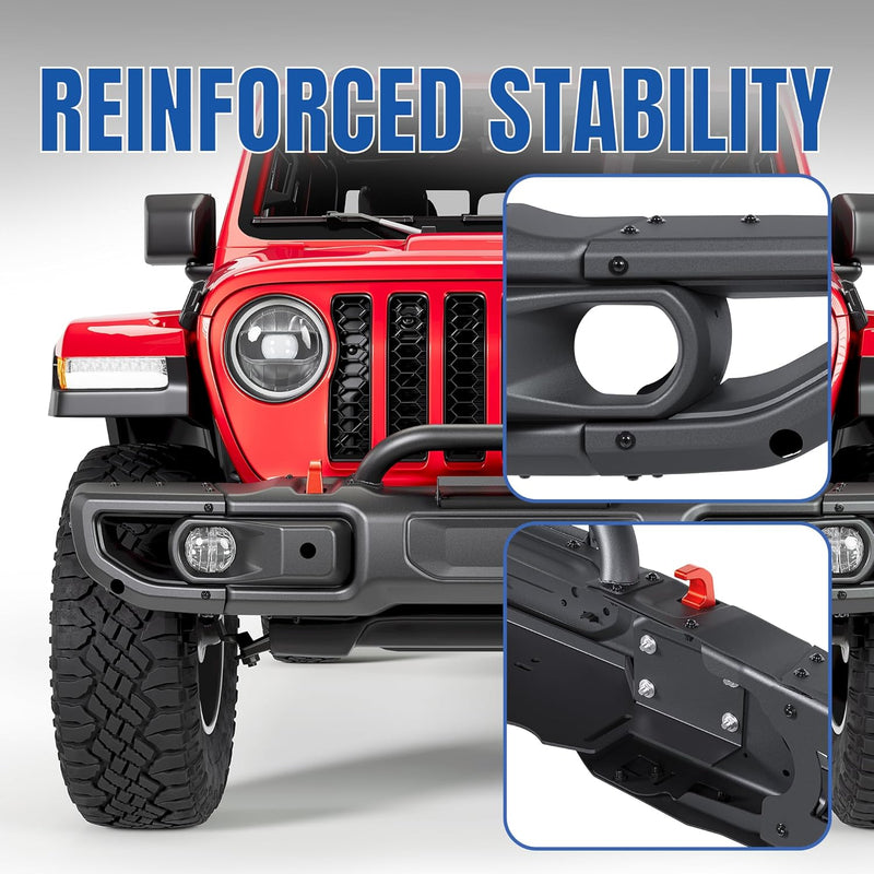 KUAFU Front Bumper Compatible with 2018-2025 Jeep Wrangler JL Rubicon 2020-2025 Jeep Gladiator 10th Anniversary Style 2DR 4DR Models W/PDC Sensor Hole Steel Black Powder Coated LYAM-625T-1