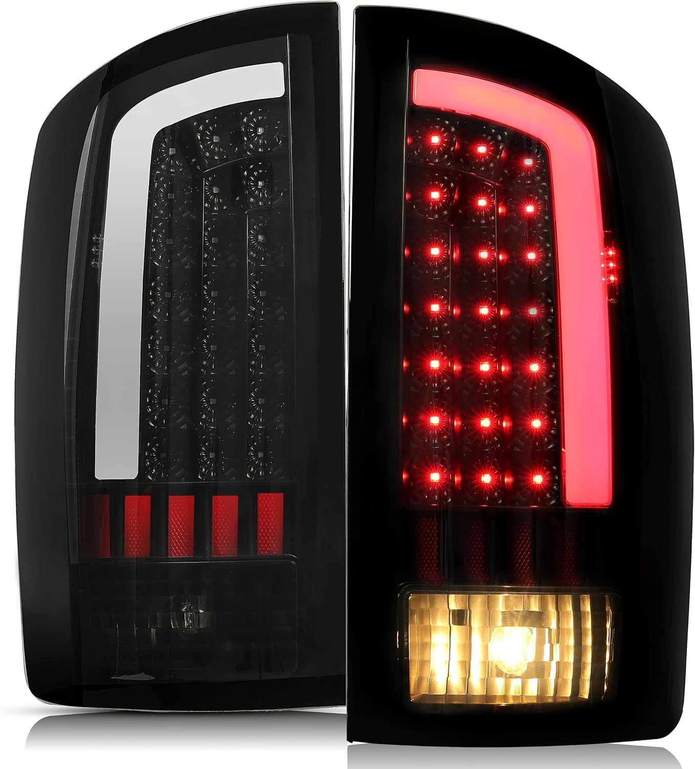 Kojem Tail Light LED Compatible with 2002-2006 Dodge Ram 1500/2003-2006 Dodge Ram 2500 3500 LED Tube Bar Brake Turn Signal Lamp Taillight LH RH Pair(Smoke Lens & Black Housing)