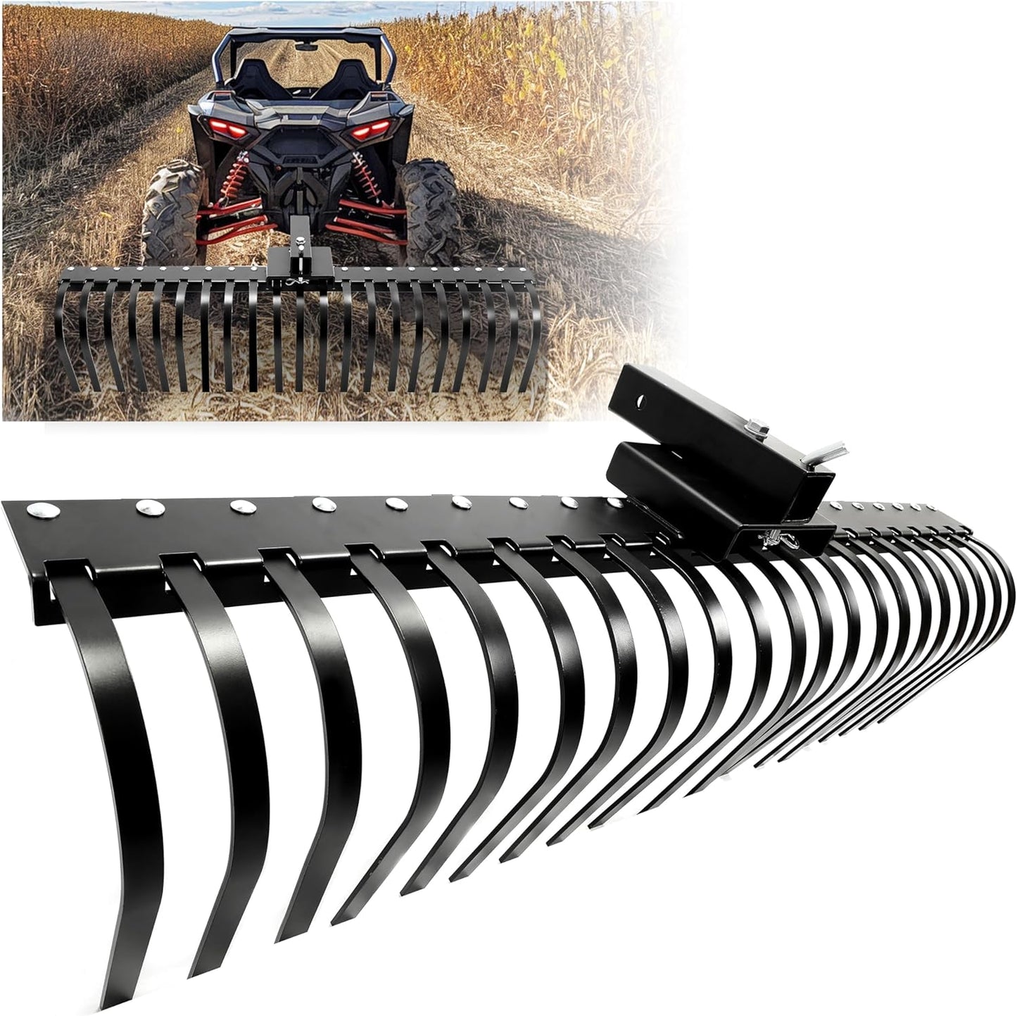 60 Inch Landscape Rake Pine Straw Rake Tractors Rake Fit for 2 Inch Receiver ATV UTV SxS Features 48inches or 60inches Accessory Tool Bar & 3 Point Hitch System Powder Coated Steel LYOM-003